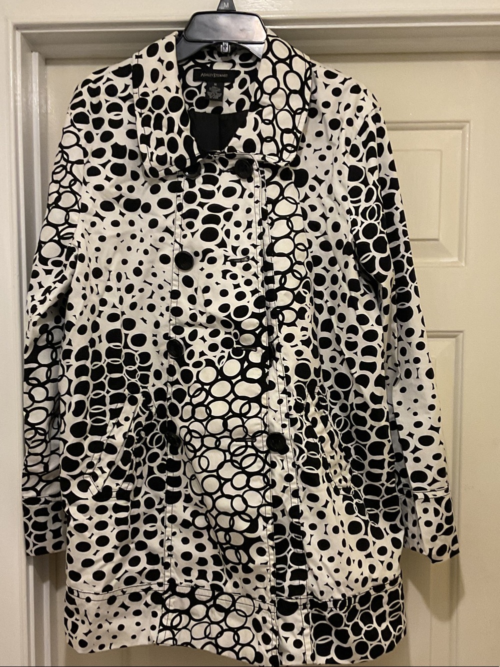 Ashley Stewart Black and White Bubble-Print Trench Coat